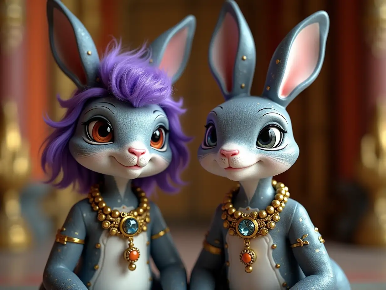 Two young black and white pattern older rabbits with alien face, with purple hair, with a slight smile on their face, highlighting their smile, modern retro jewelry, in a temple with lots of gold different shades 4k