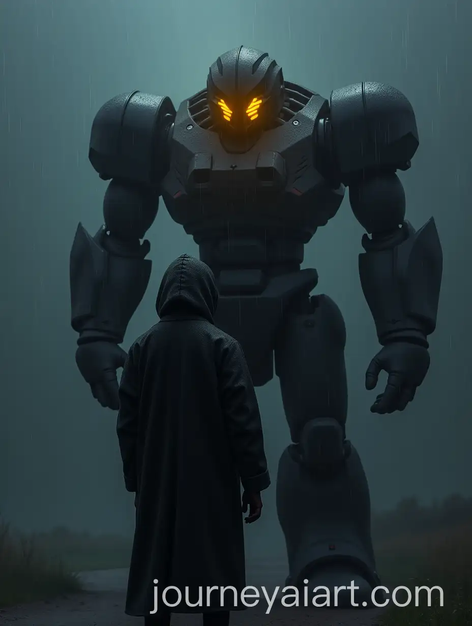 Person-Carrying-Giant-Black-Robot-in-Rainy-Weather