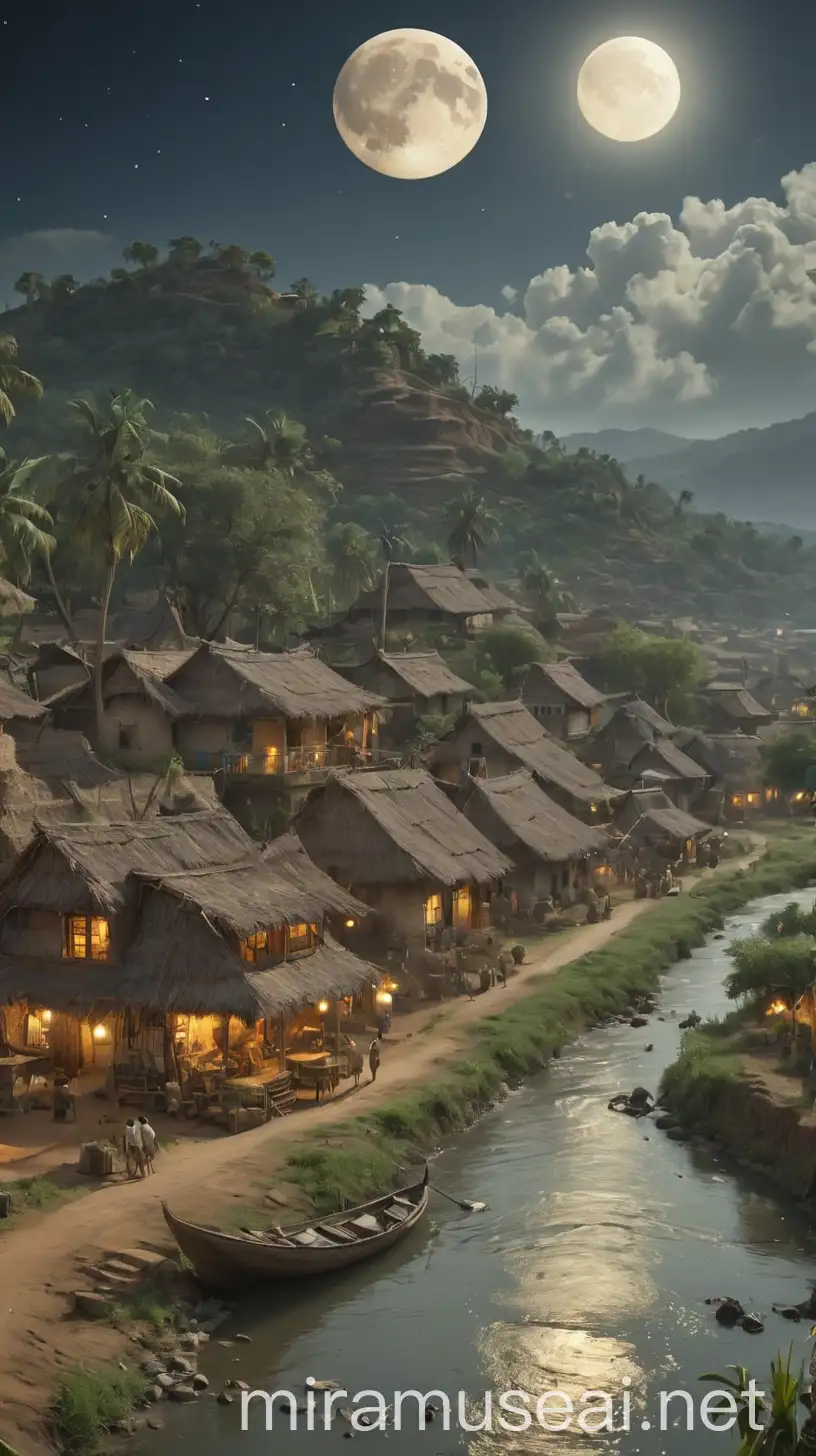 Old Indian Village Scene with Farmers and Spaceship under Moonlight