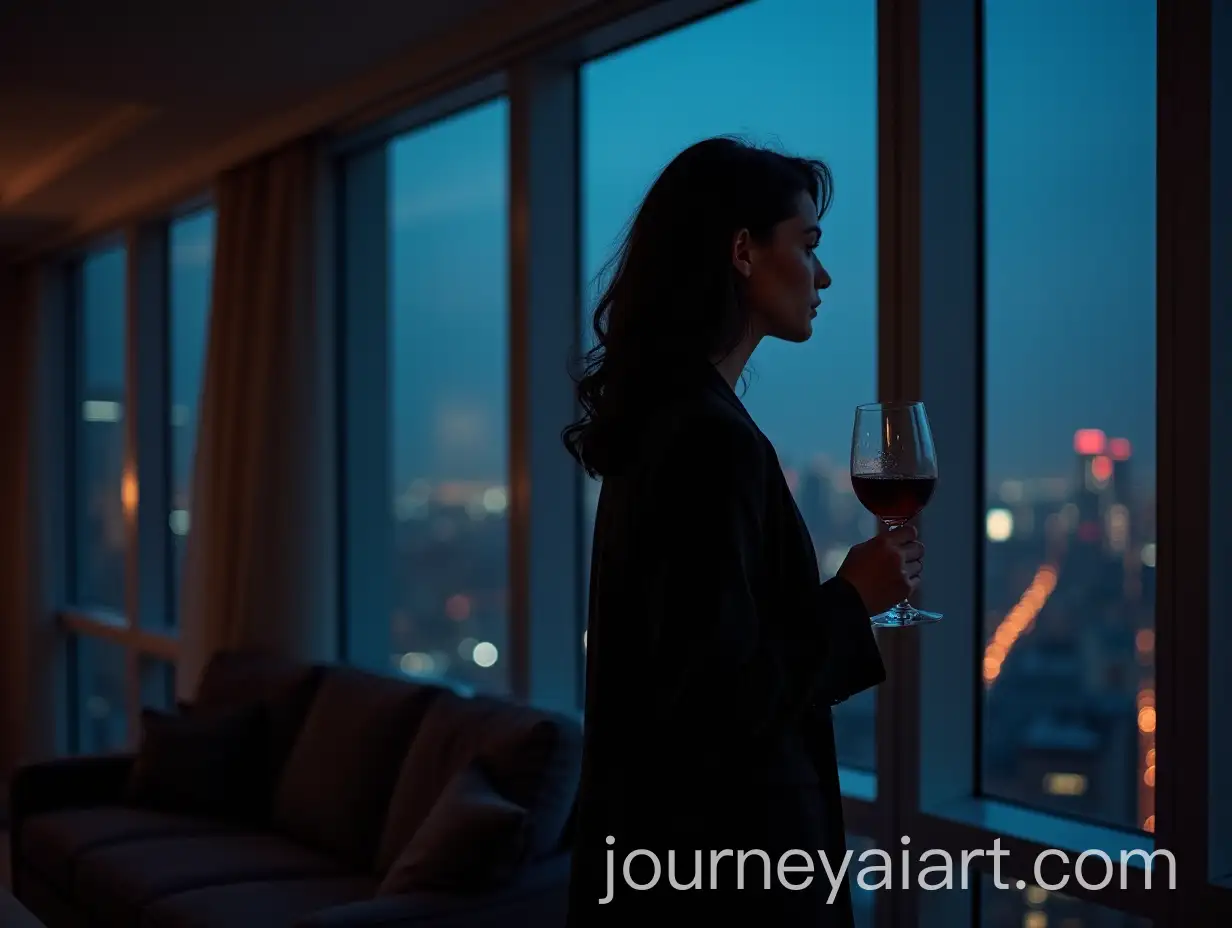 Confident-Woman-in-Black-Blazer-Gazing-Out-Over-City-at-Night
