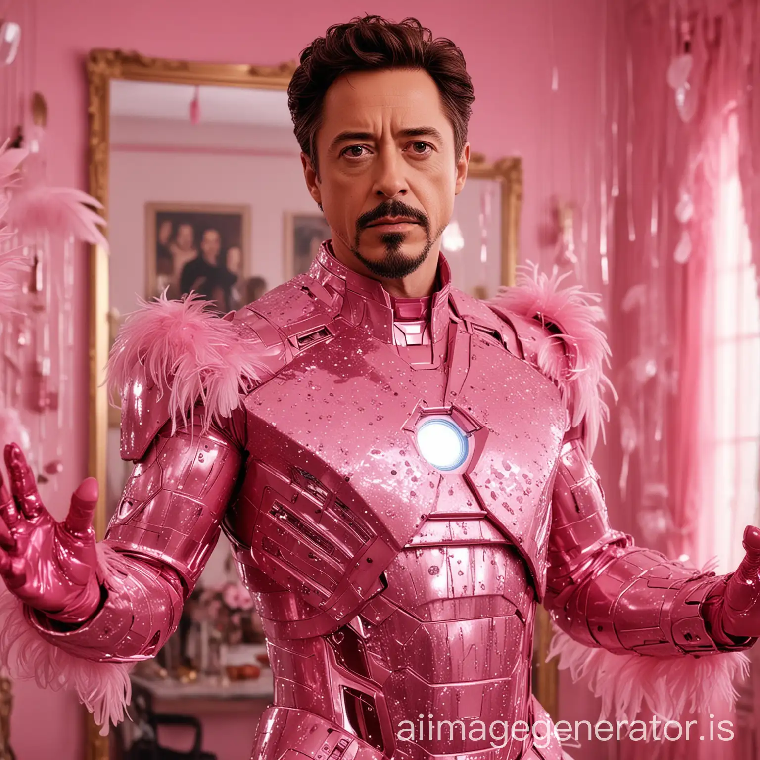 Tony-Stark-in-Pink-Shiny-Iron-Man-Suit-with-Sequins-and-Feathers-Holding-Champagne-in-90s-SitcomStyle-Interior