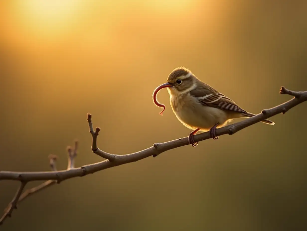 A small bird perched on a branch in the early dawn light, with a worm visible in its beak, and the soft glow of the morning light symbolizing reward for early effort.