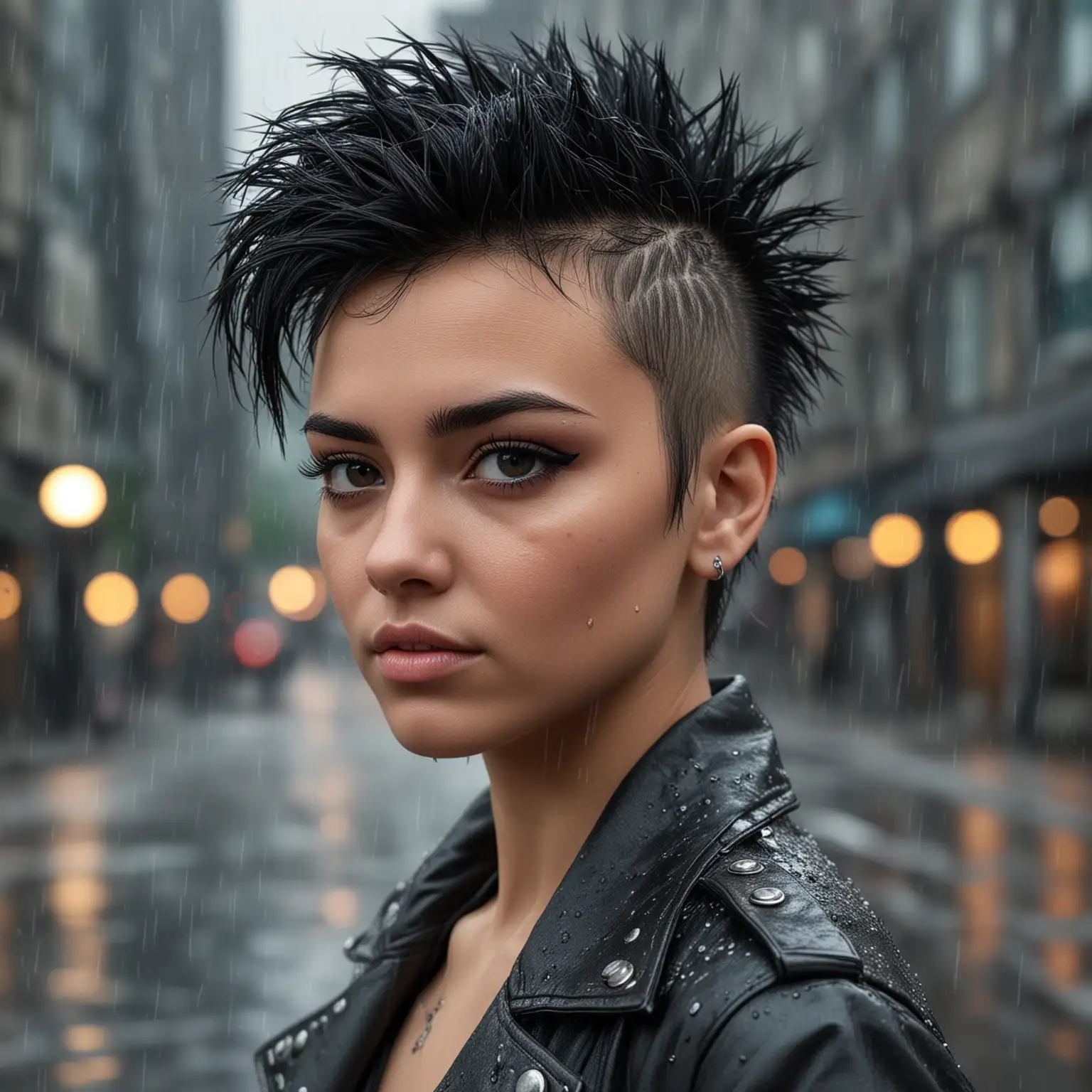 young goth-girl with mohawk-style jet-black hair The background is slightly blurred, showcasing a natural outdoor setting with rainy city. taken using a Canon EOS R camera with a 50mm f/ 1. 8 lens, f/ 2. 2 aperture, shutter speed 1/ 200s, ISO 100 and natural light, Hyper Realistic Photography, Cinematic, Cinema, Hyperdetail, Ultrahd, , ultrahd, hdr, 8k