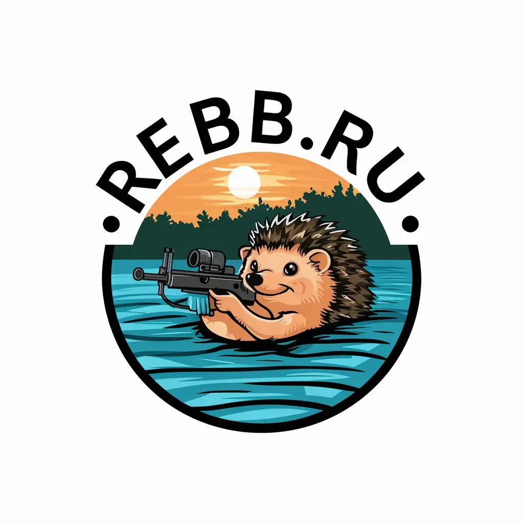 a vector logo design,with the text "rebb.ru", main symbol:Hedgehog, swimming in the river, with a machine gun in hands,Moderate,be used in Animals Pets industry,clear background