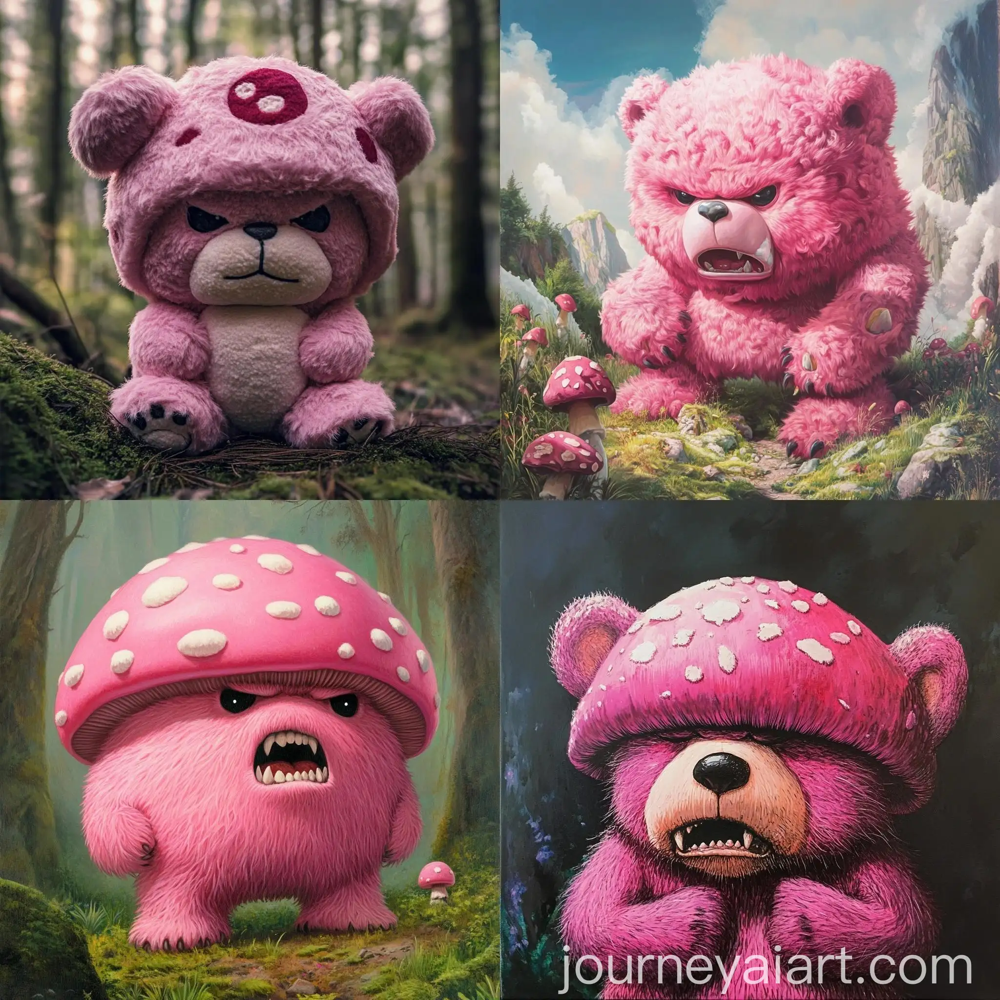 Angry-Pink-Mushroom-Bear-in-Surrealistic-Forest-Scene