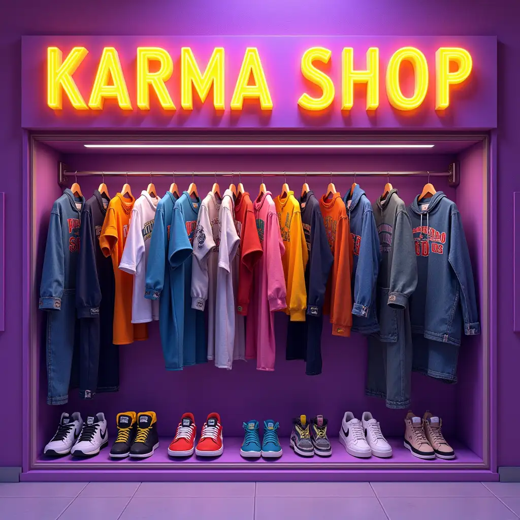 The cover should be with the inscription 'Karma Shop' in the photo should be, clothes, costumes, things, branded things, sneakers, the background should be bright purple with a bright yellow tint