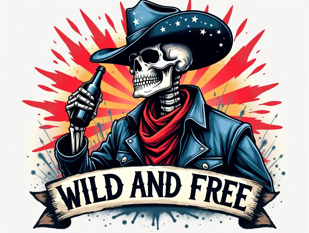 charcoal drawing-style. A vibrant, bold illustration featuring a skeletal cowboy wearing a star-patterned hat, holding a bottle in one hand and smiling. The background includes a burst of fireworks in red and blue, symbolizing a festive atmosphere, with a distressed American flag pattern subtly integrated behind. At the bottom, a bold banner reads 'WILD AND FREE' in an expressive, vintage-style font. The overall aesthetic is reminiscent of retro Americana, combining elements of folk art and western themes, with a color palette dominated by black, red, blue, and white, evoking a sense of freedom and celebration. The scene conveys a lively and rebellious spirit, perfect for a fun and carefree vibe.