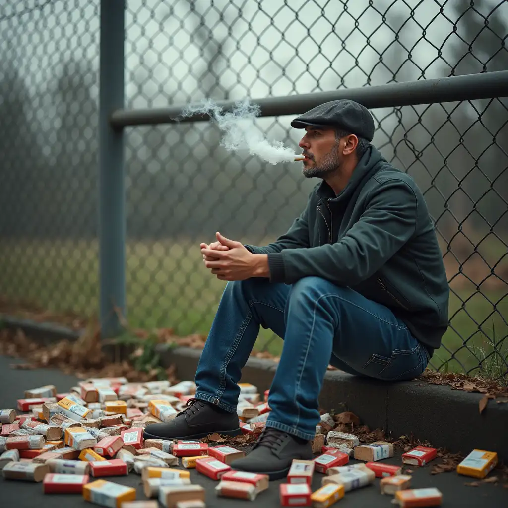 A man sitting on a fence smoking a cigarette blowing smoke rings. Beside him are hundreds of empty cigarette packets