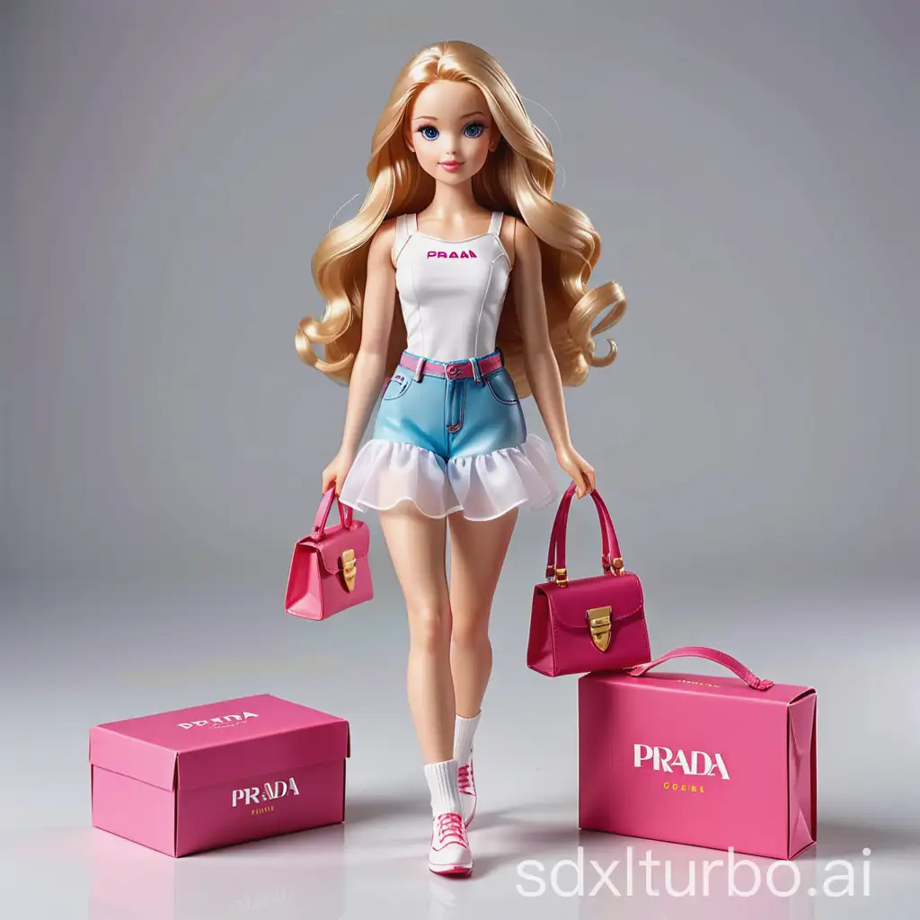 Create a photo-realistic collectible figure of a girl with light hair in a white dress and jeans. The figure should be full size and fit in a transparent plastic box with a colorful paper background, like real collectible toys. Make the packaging as realistic as possible - shiny plastic, compartments for items and a toy store design. Write polinchk brand on the box. The packaging atmosphere will be clean girl. Place accessories next to the figure: iPhone 16, Prada bag and lip gloss. Make the figure in Barbie style
