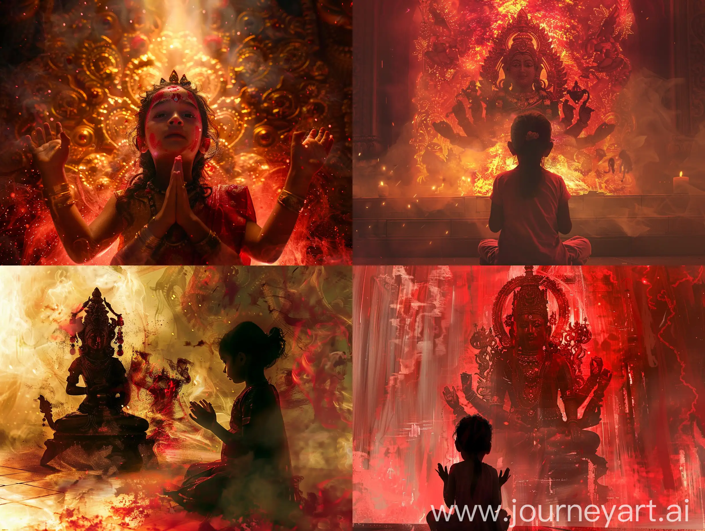 Child-Worshipping-Feminine-Durga-Devi-Idol-in-Reddish-Atmosphere