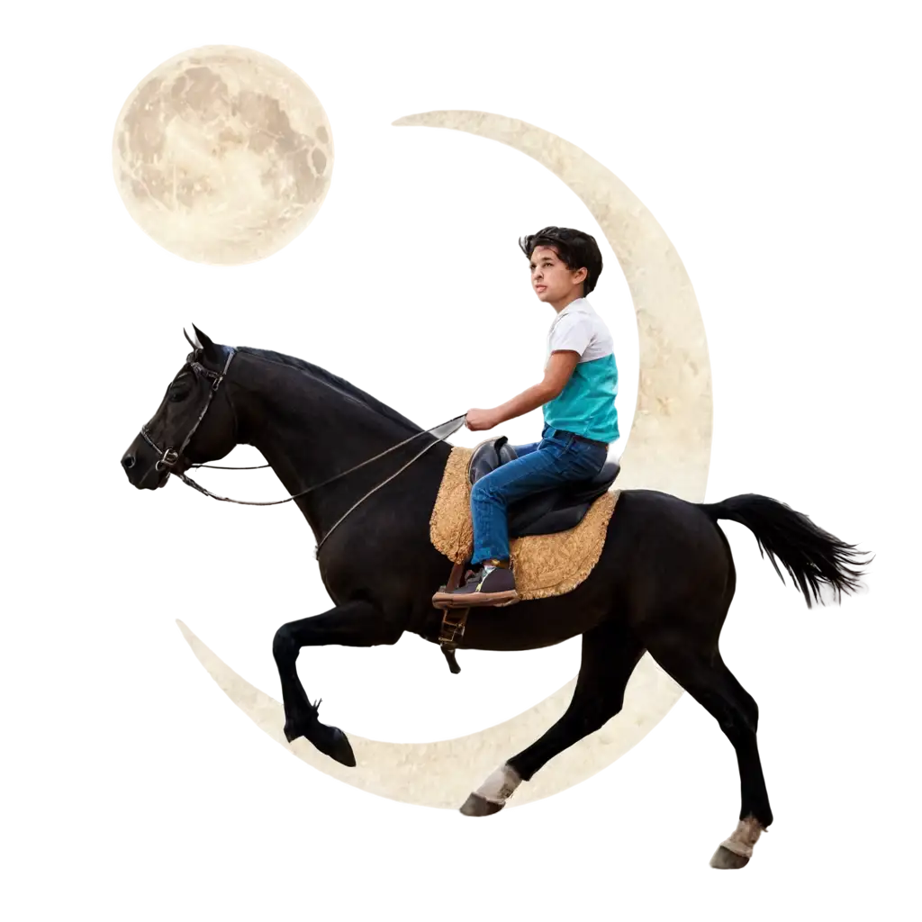 Child running on the moon riding a horse