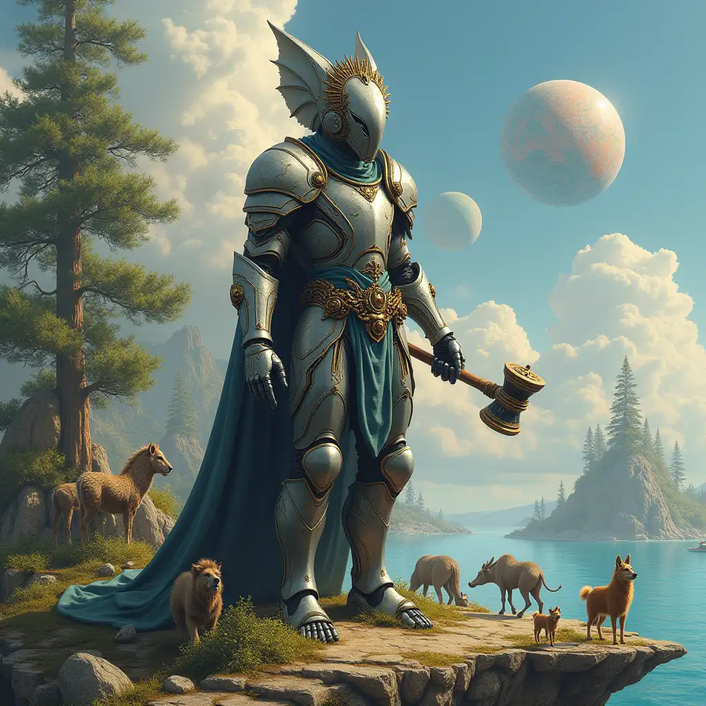 Hyperrealistic portrait of a 10 meter tall armored metal alien king with a hammer in his hand on an island with many different animals, time travel The elaborately detailed, colorful wooded planets in the background