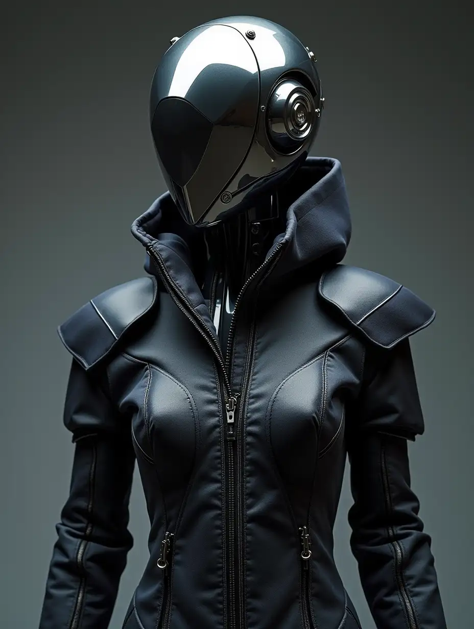 Ultra-detailed studio shot of chrome-finished android (geometric faceted head, non-humanoid) wearing an avant-garde jacket with convertible elements. Construction combines rigid plates inspired by deep-sea creature exoskeletons with flowing technical wool. Features precision-cut vents following marine current patterns. Collar and cuff details reference diving bell structures with geometric metal hardware. Exposed bonded seams create linear patterns suggesting depth contours. Android posed with subtle rotation emphasizing jacket's architectural elements. Studio lighting creating dramatic shadows across textural surfaces.