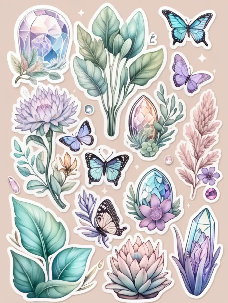 A beautifully designed sticker sheet featuring a collection of nature-inspired elements in a soft pastel color palette. The stickers include detailed fantasy plants, magical crystals, elegant butterflies, and intricate floral designs. Each sticker has a delicate, hand-painted look with smooth shading, soft lighting, and gentle gradients. The style is inspired by Genshin Impact, with a blend of semi-realism and stylized fantasy aesthetics. Stickers are arranged neatly on a soft, parchment-like background, giving the sheet an elegant and polished look. No watermark, high resolution, clean cut sticker outlines. No humans, characters, girls