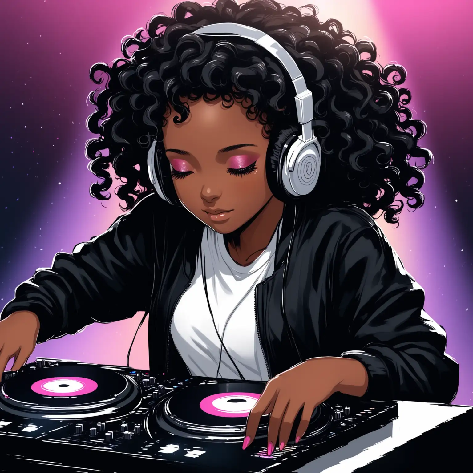 Black Girl DJing with Curly Hair and Headphones