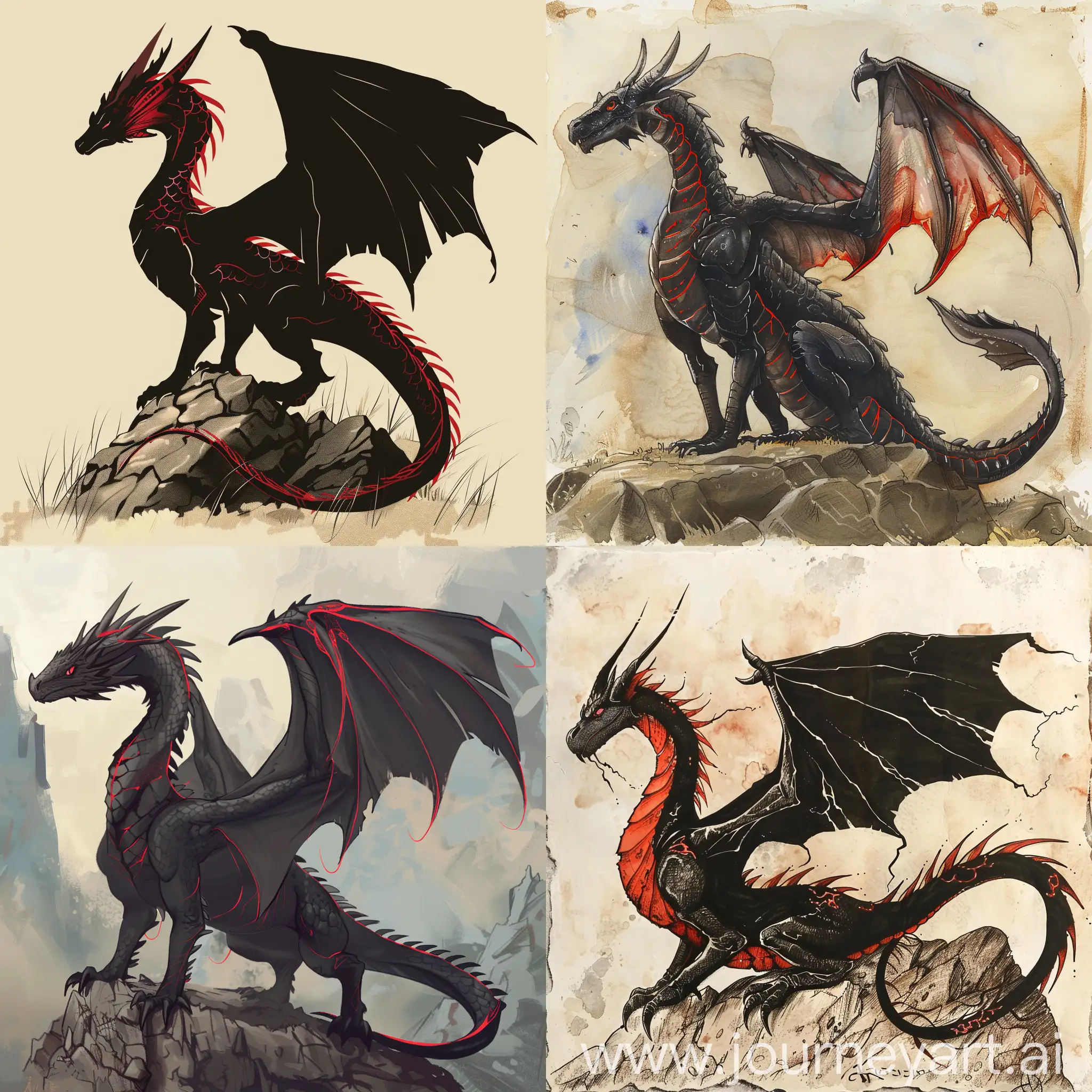 Majestic-Black-Dragon-with-Red-Accents-Perched-on-a-Rocky-Cliff