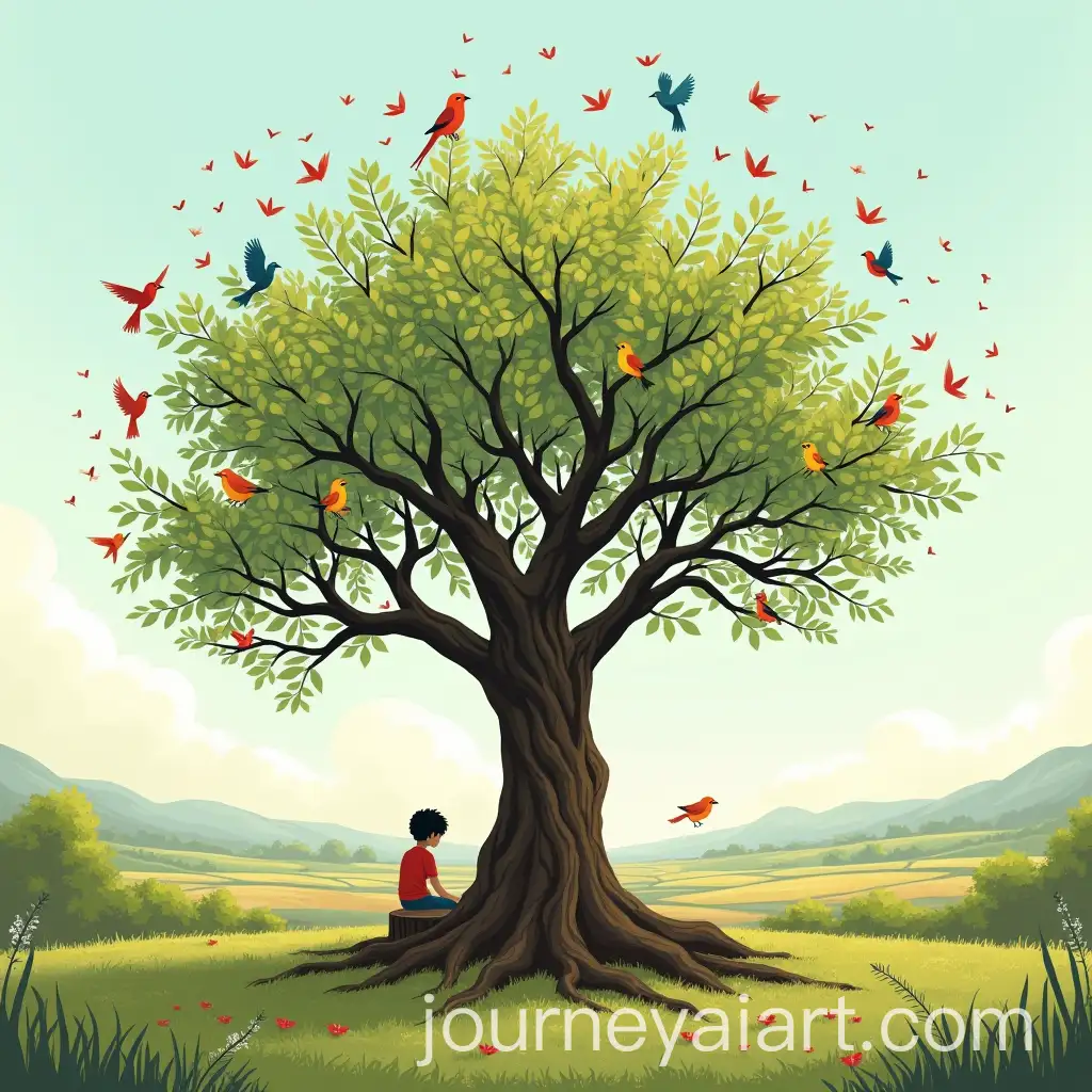 Young-Boy-Sitting-Under-a-Burned-Tree-with-Colorful-Birds-in-a-Scenic-Yard