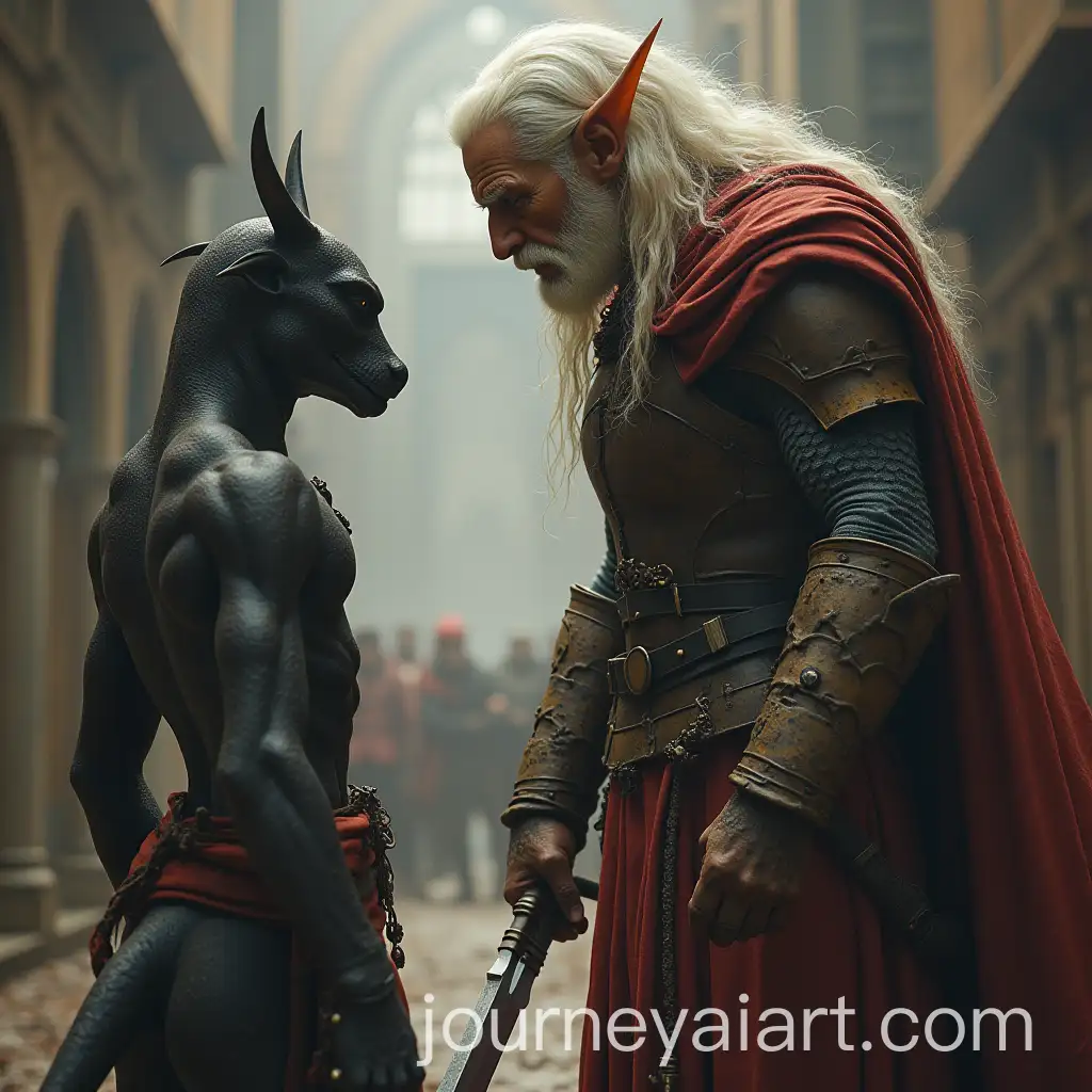Warrior-Engaged-in-Conversation-with-a-Little-Demon