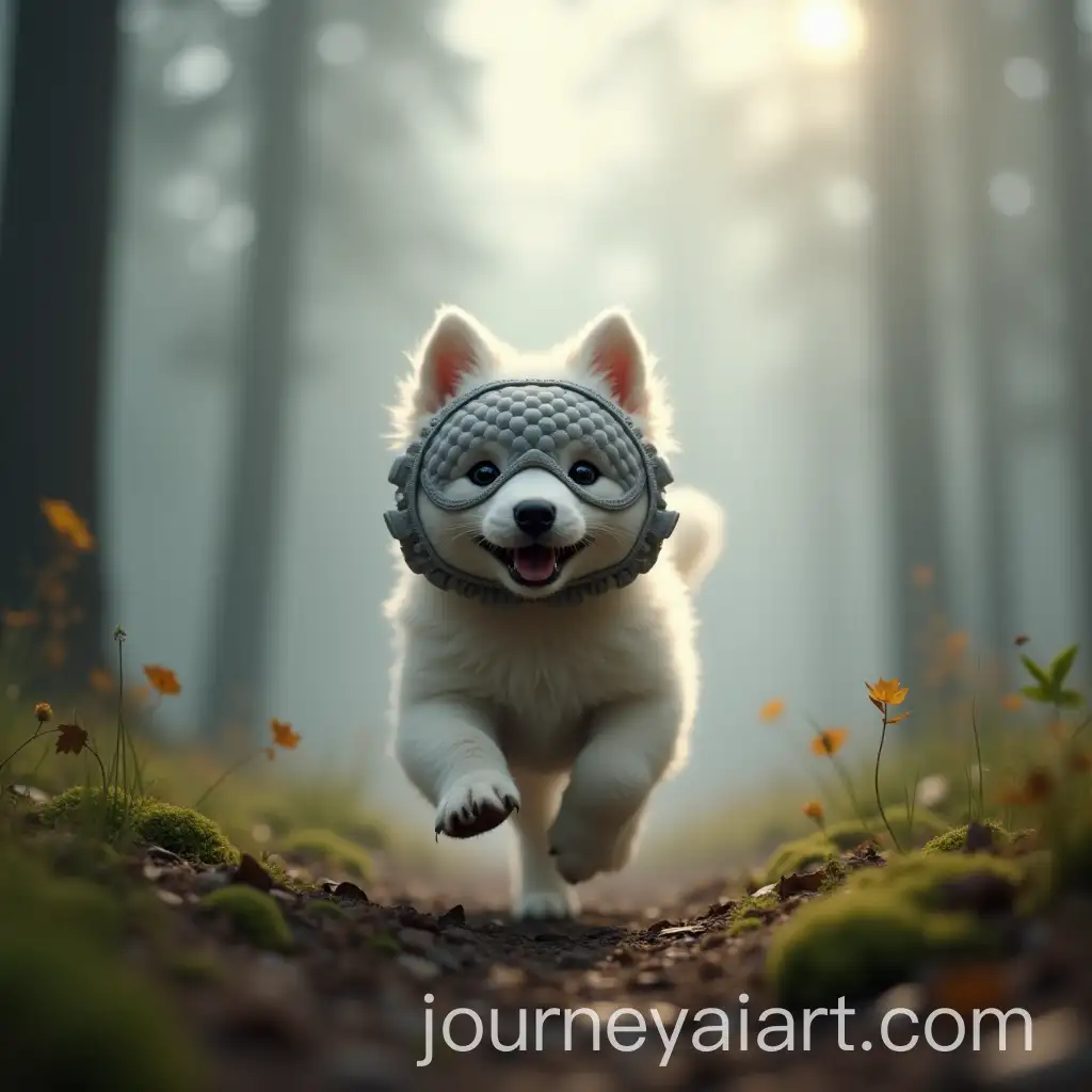 YoungAI-Image-Prompt-Expansion-White-Puppy-Running-Through-Misty-Forest-with-Futuristic-Mask