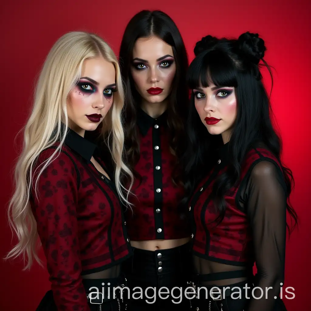 3 young women, as a Gothic Rock Band, one blonde, one black hair, with red and black clothes, gothic make up, full size image