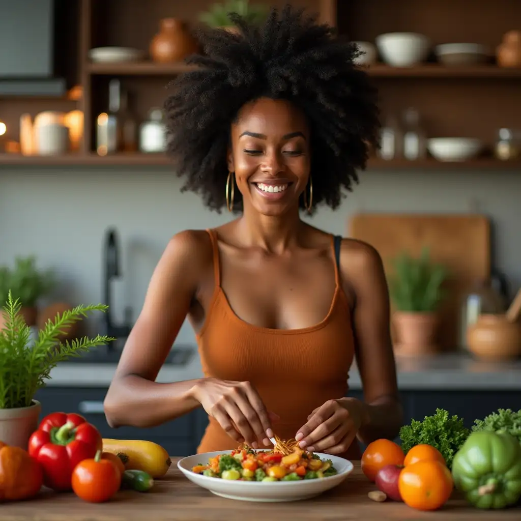 Stylish-Black-Woman-Cooking-Colorful-Meal-in-Modern-Kitchen-with-Fresh-Vegetables-and-Spices