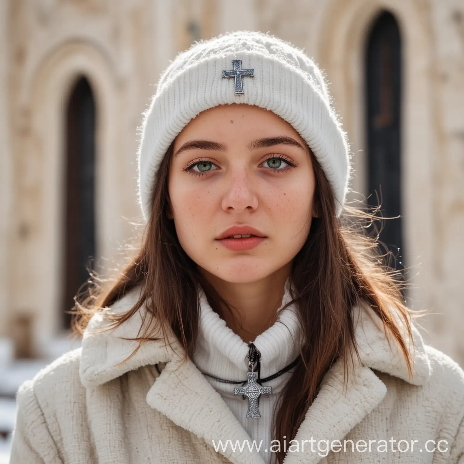 Orthodox-Girl-in-Winter-Coat-and-Hat-at-White-Stone-Church