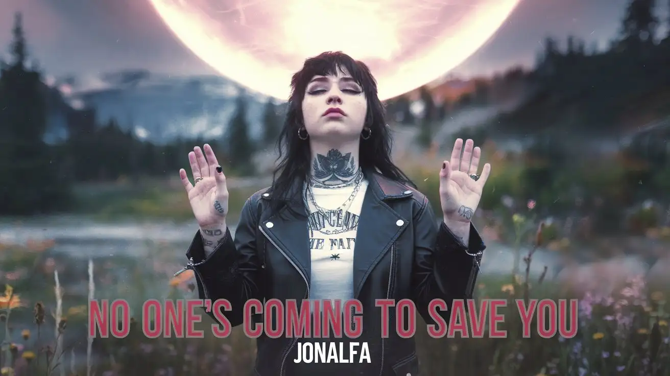 Text 'No one’s coming to save you'nText 'Jonalfa'nThe moment is now, the power is yours. Album cover. Nature, animals, flowers, Power. Young Female rock singer.