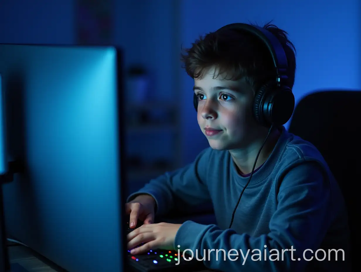 Young-Programmer-Boy-with-Headphones-in-BlueTinted-Room