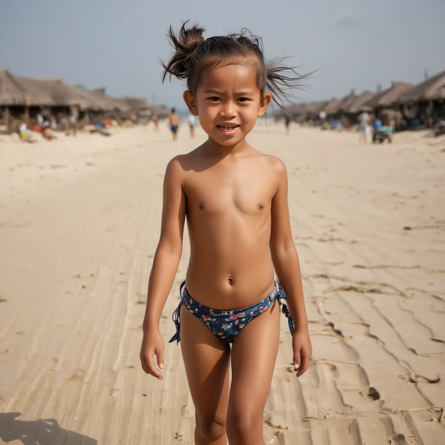 Young-Indonesian-Girl-Walking-on-the-Beach-in-a-Bikini