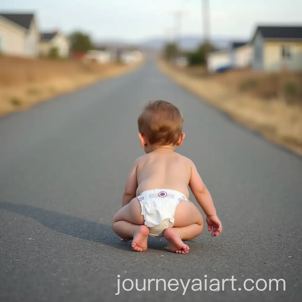 Baby-Crawling-Alone-on-Empty-Asphalt-Road-Under-Afternoon-Sunlight