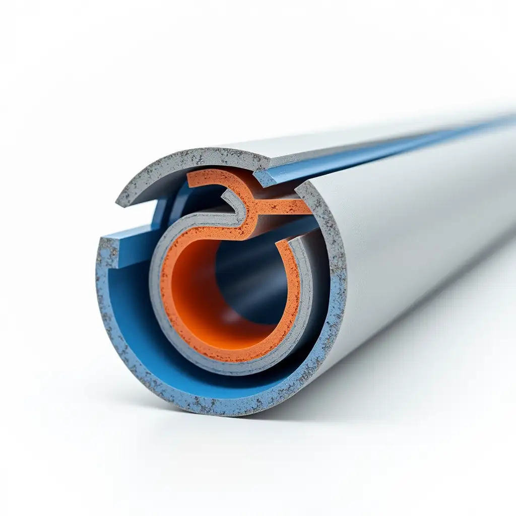 A highly detailed, professional-looking cross-section of an insulated industrial pipe. The design is clean, corporate, and realistic, showcasing the internal structure with precision. The pipe features a metallic core, surrounded by high-quality insulation material, with cobalt blue and carrot orange accents for a polished and corporate aesthetic. The lighting is even and neutral, ensuring clarity and professionalism. The image should have a transparent or white background