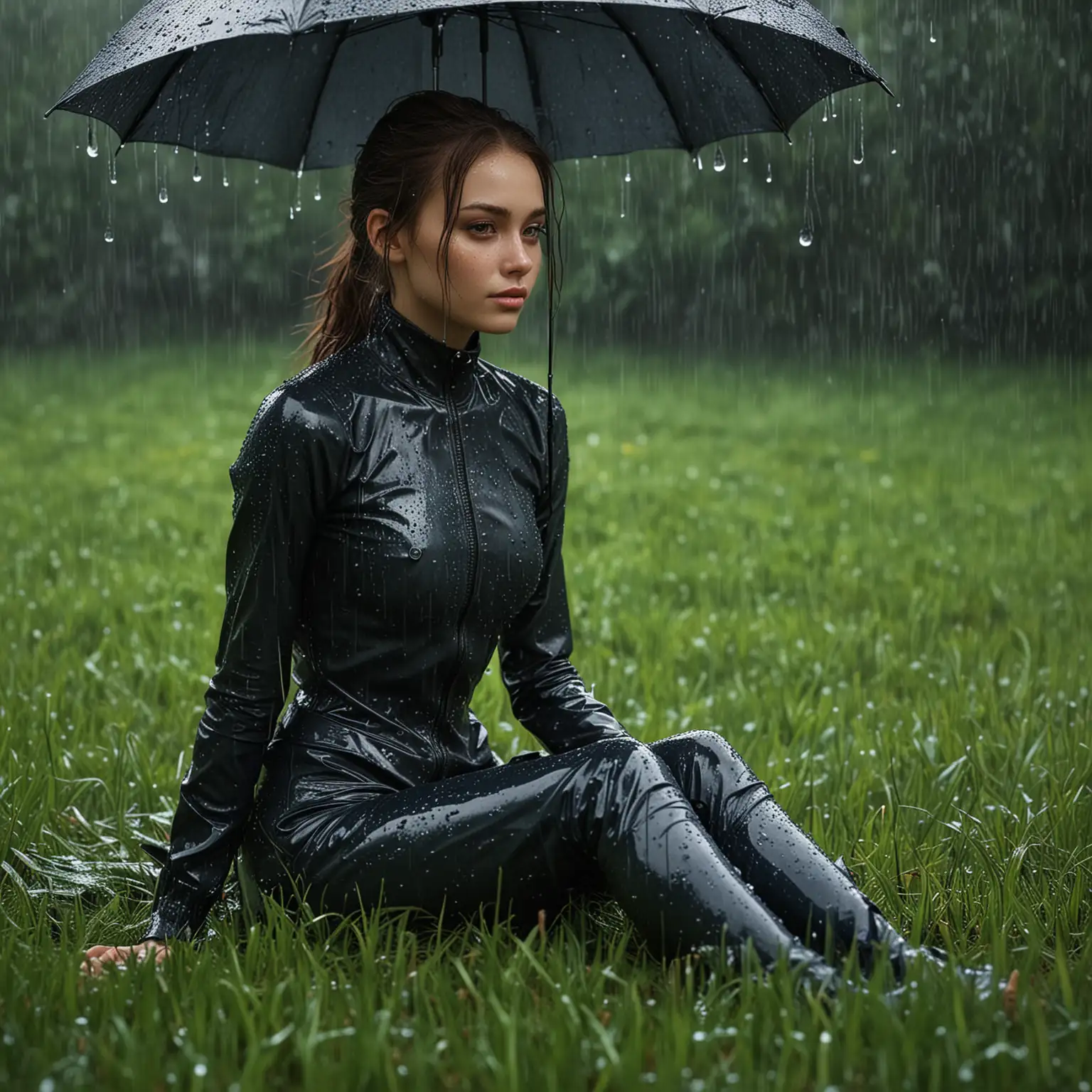 Slim-Girl-in-Latex-Suit-Sitting-on-Grass-Under-Light-Rain