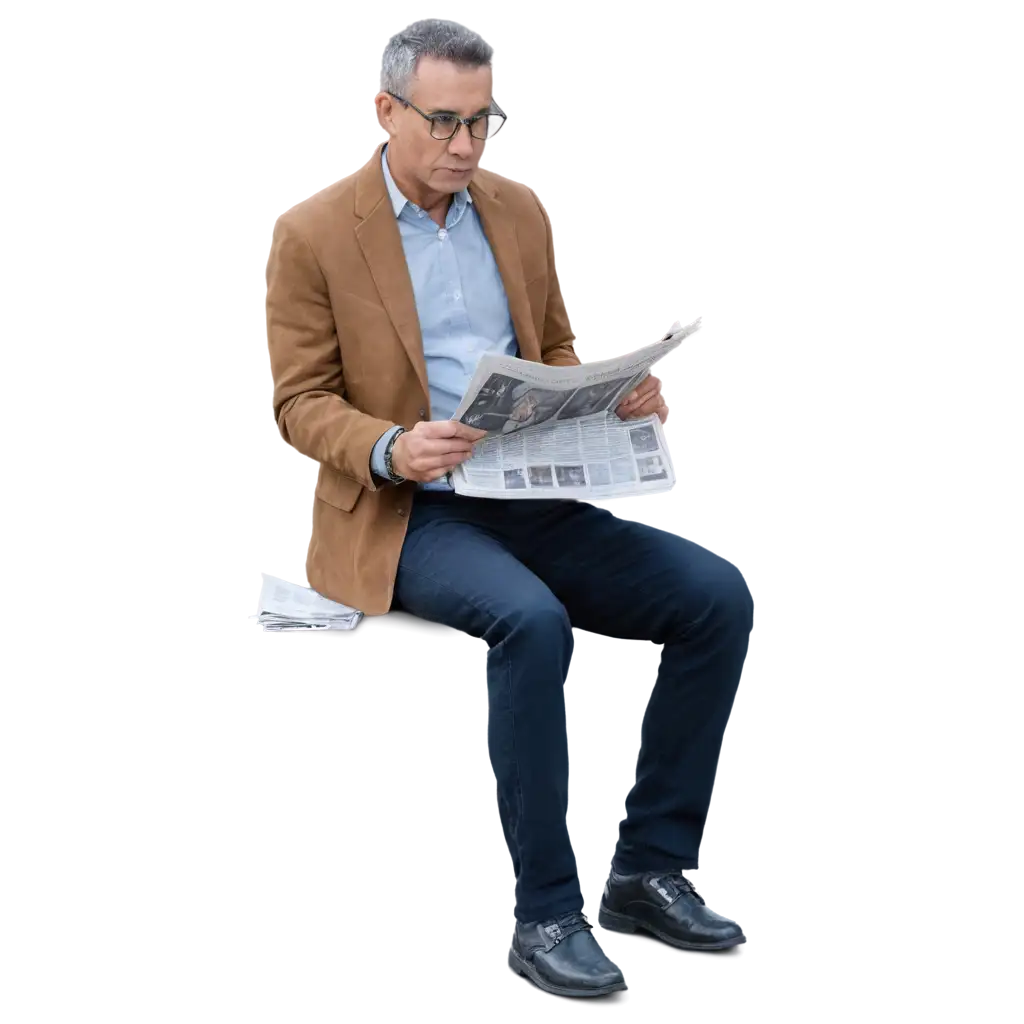 A man sitting facing forward on a park bench, holding a newspaper with both hands