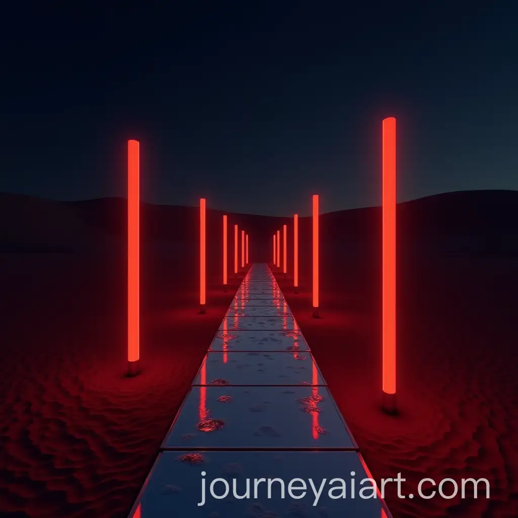Mystical-Desert-Pathway-Illuminated-by-Red-Poles-at-Night