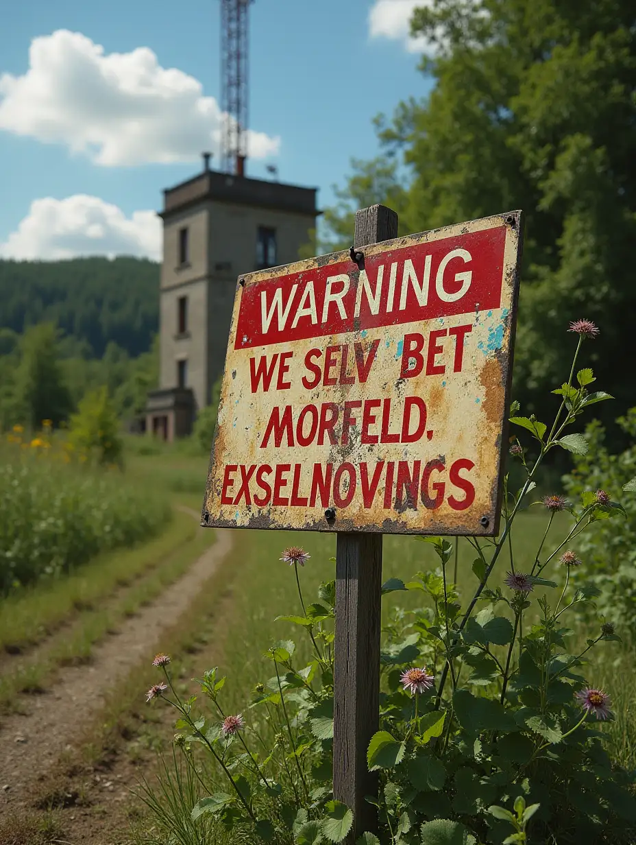 Sordid sign on an abandoned overgrown construction site warning of strange alien creatures that might be present in the surrounding; sunny summer day