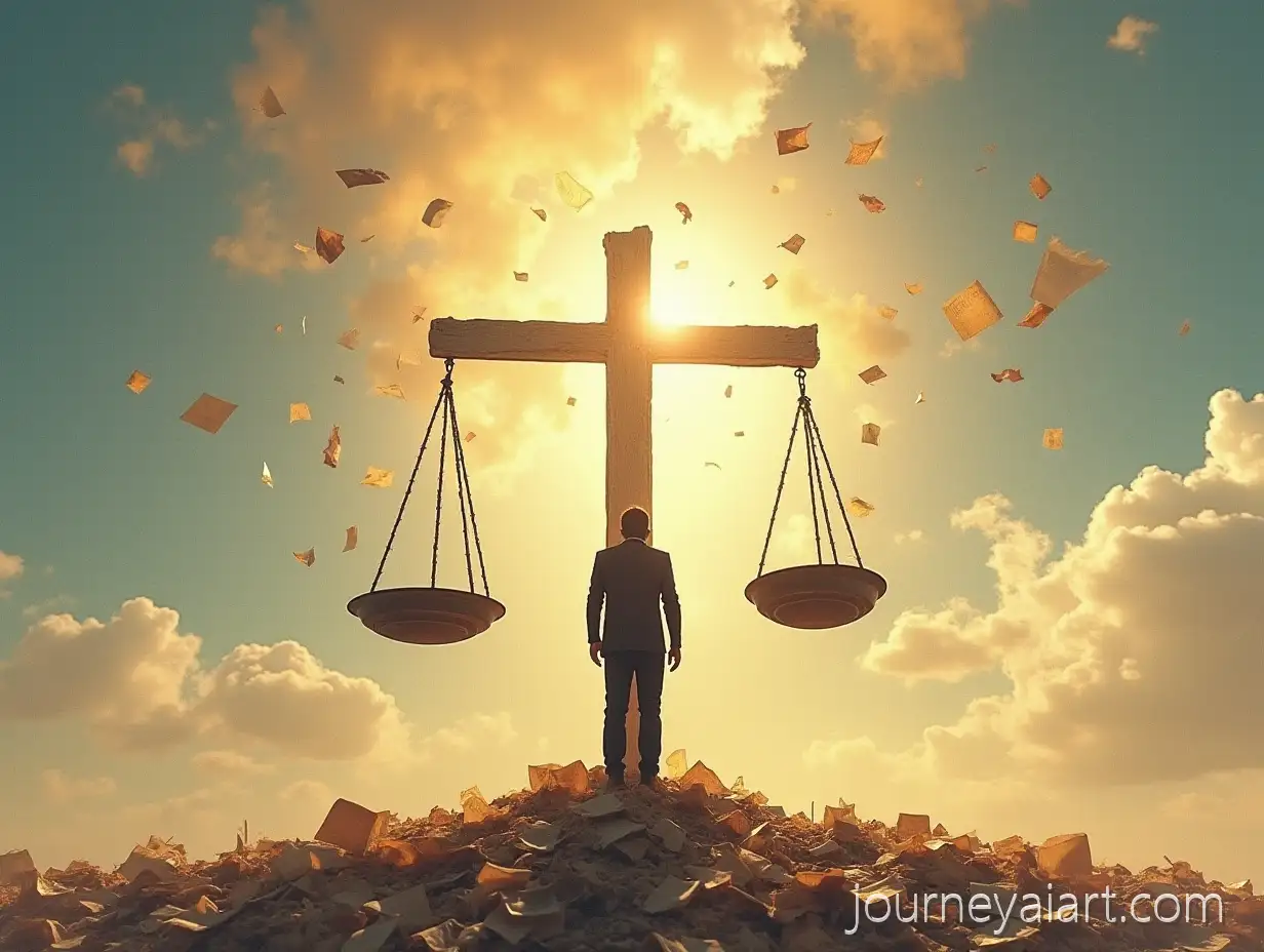 Poet-Standing-Beneath-Sunlit-Sky-with-Scattered-Papers-and-Floating-Letters