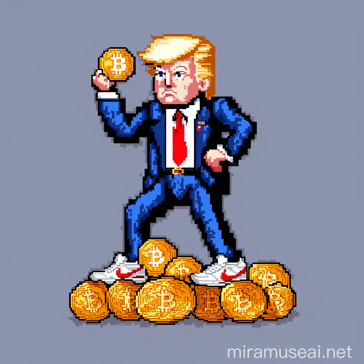 Pixel Art of Donald Trump Holding Bitcoin and Wearing Nike Sneakers