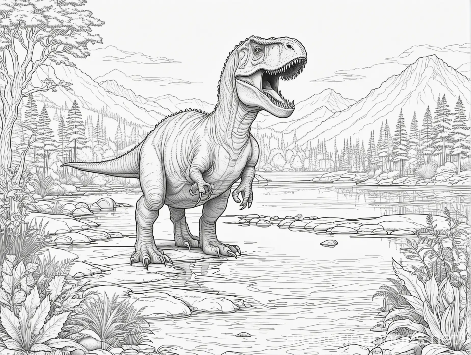 TRex-Dinosaur-in-Scenic-Landscape-with-Lake-Kids-Coloring-Page