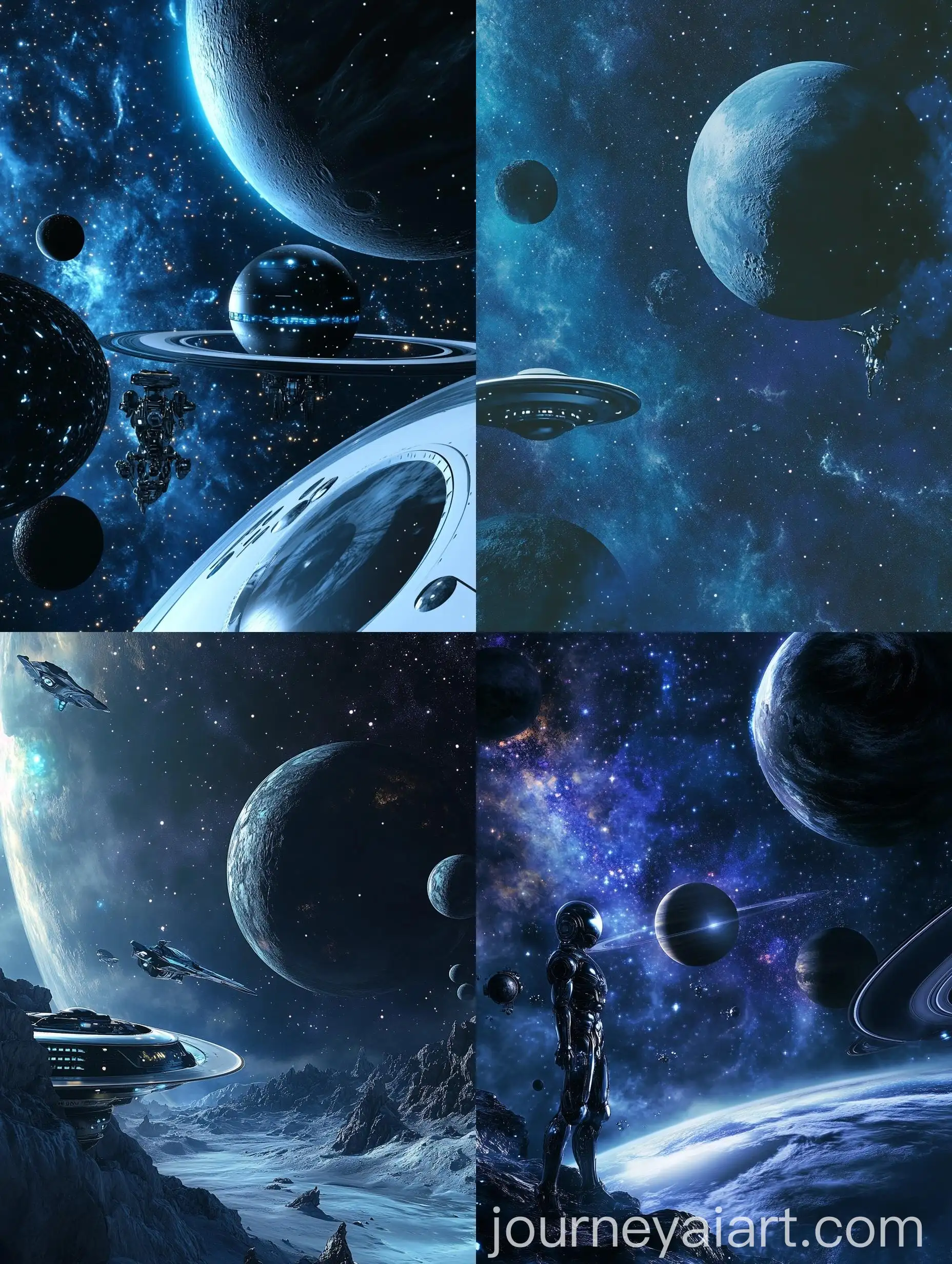 Futuristic-White-Flying-Saucer-and-Robot-Among-Planets-and-Stars