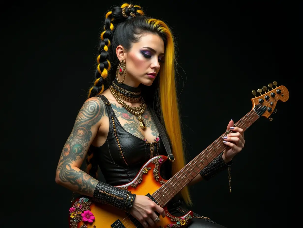 Lady with a -tattoo, futuristic long black-yellow striped hair, braided and laced boots, with E-guitar flowers and richly detailed and colorfully worn and futuristic jewelry. Background unclear, black 120-mm shot Steampunk