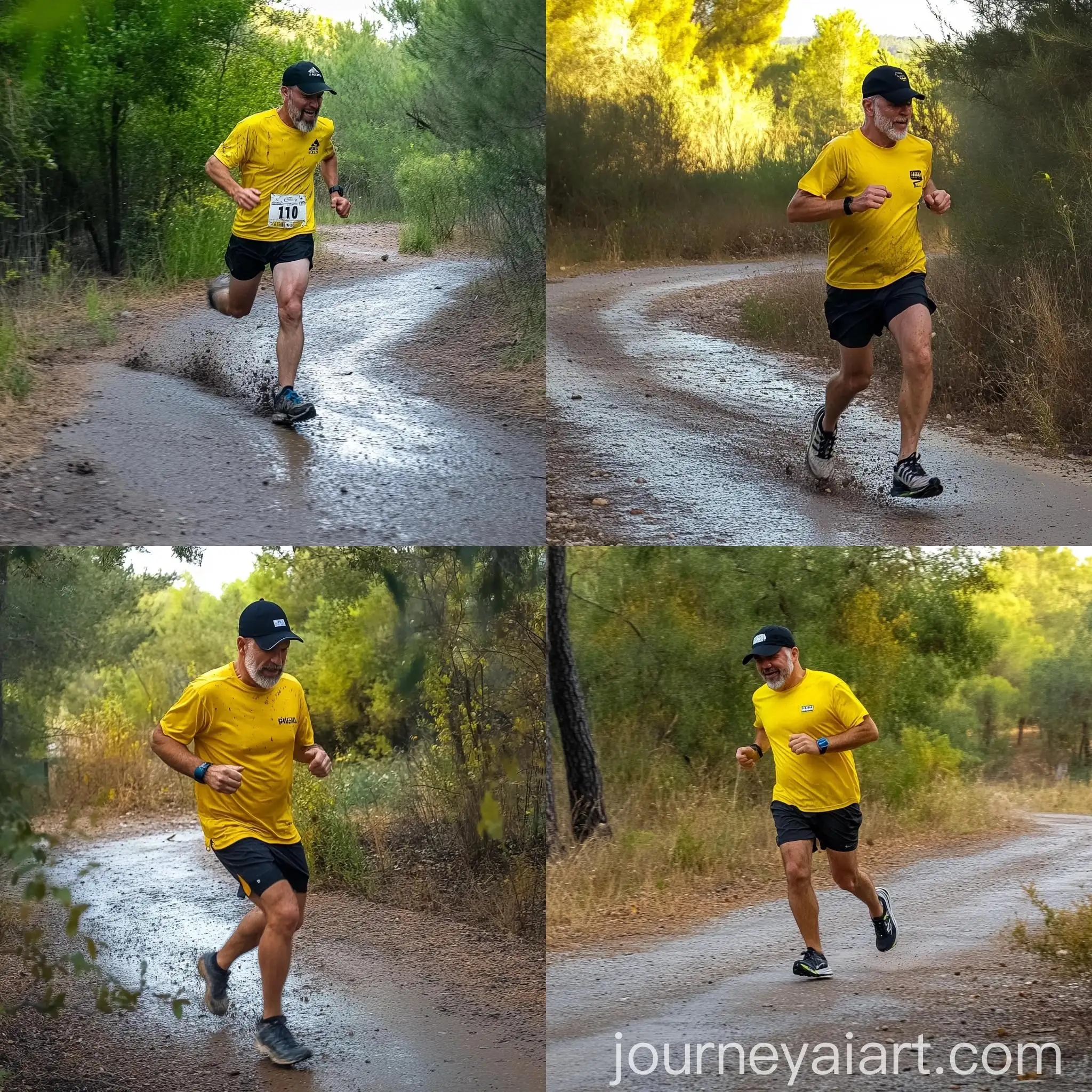 Man-Running-on-Trail-with-Mud-Bald-Man-in-Yellow-Shirt-and-Black-Hat