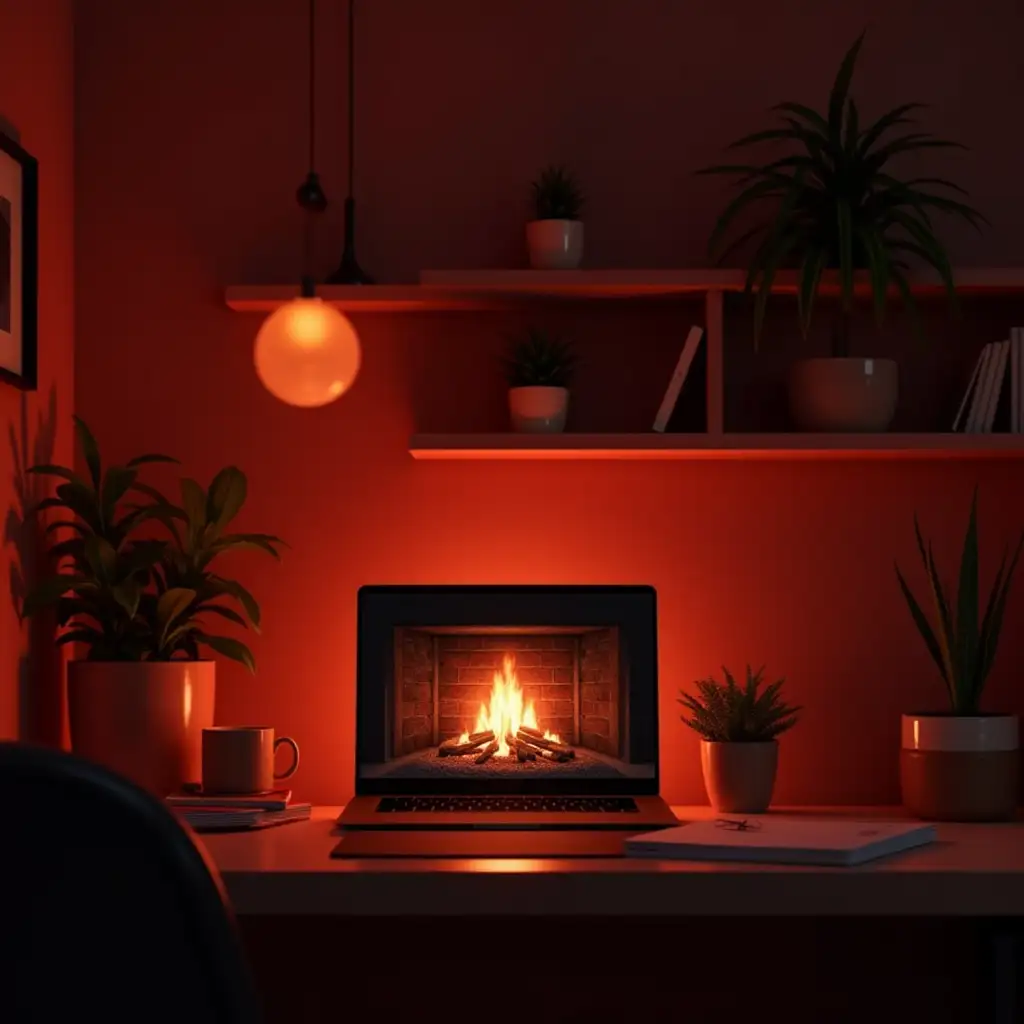 A cozy interior background with a modern aesthetic, featuring a laptop on a desk displaying a virtual fireplace, shelves on the wall with books, potted plants, and warm red ambient lighting. The scene is softly lit, emphasizing a relaxed and creative workspace atmosphere