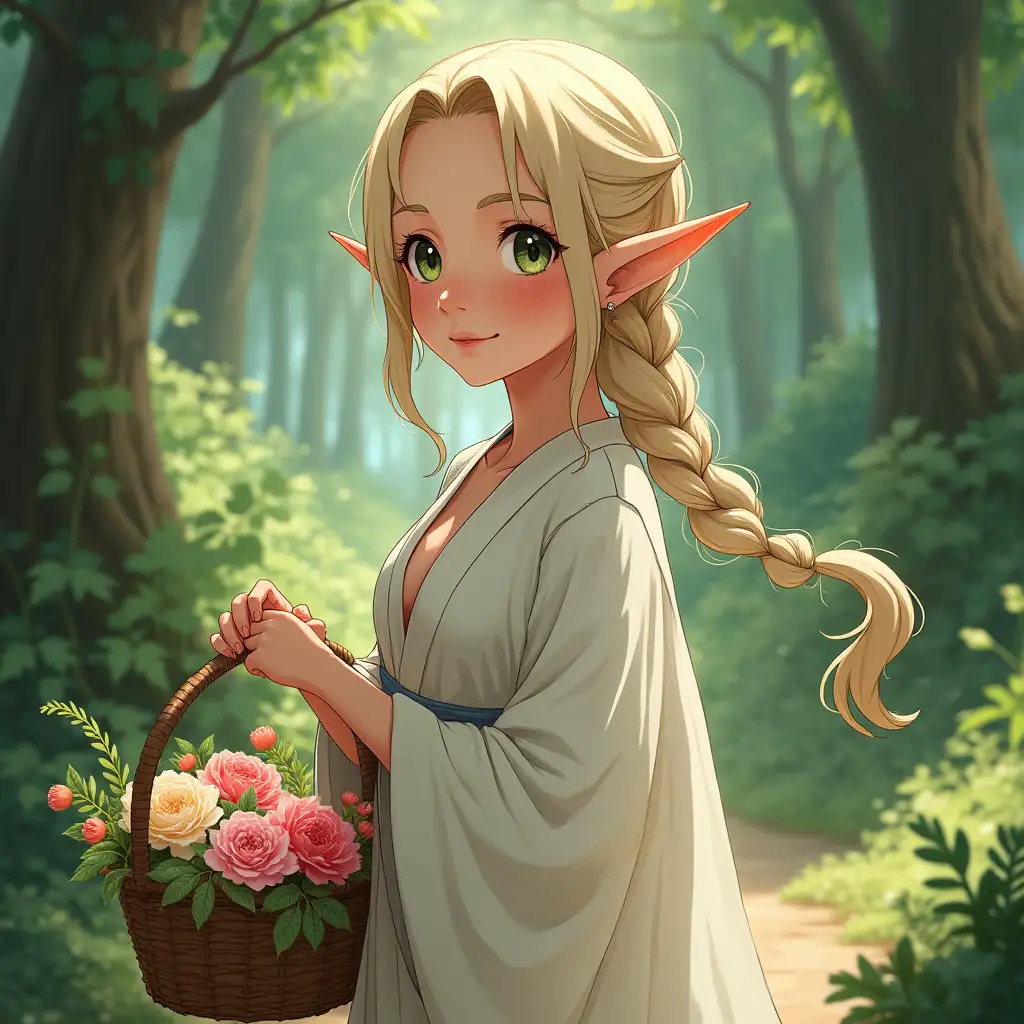 Elf girl, 30 years old, freckles, realistic anime style, pointed ears, long braid on her head, dressed in a white chiton, He holds a basket of flowers in his hands, full-length, forest