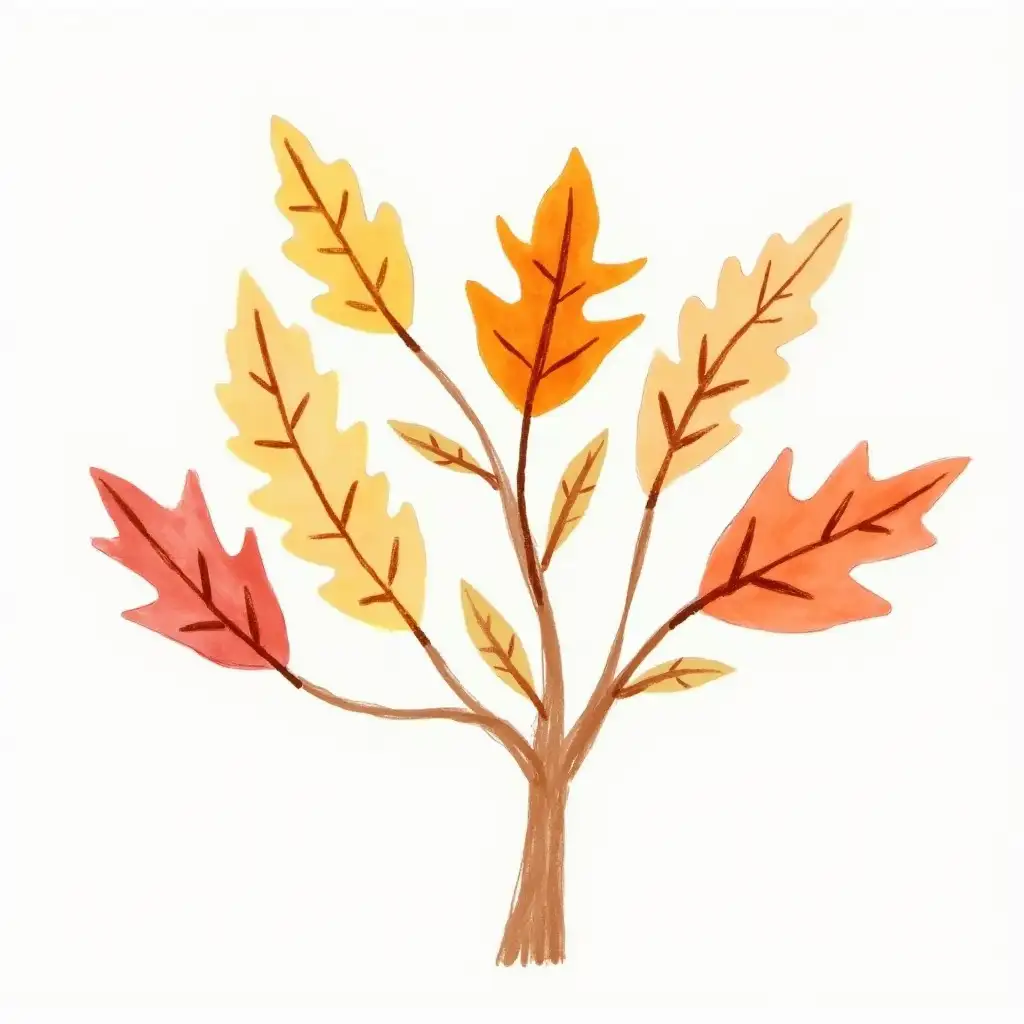 Autumn leaves children's drawing on white background