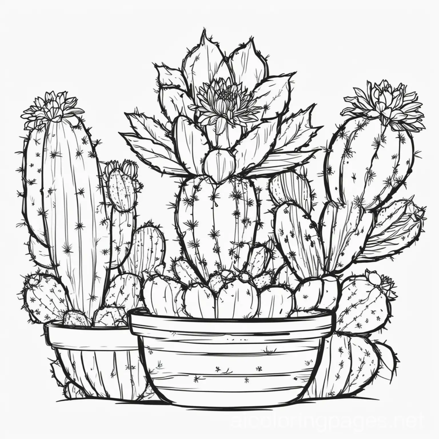cactus and flowers, coloring pages, thick lines,, Coloring Page, black and white, line art, white background, Simplicity, Ample White Space. The background of the coloring page is plain white to make it easy for young children to color within the lines. The outlines of all the subjects are easy to distinguish, making it simple for kids to color without too much difficulty