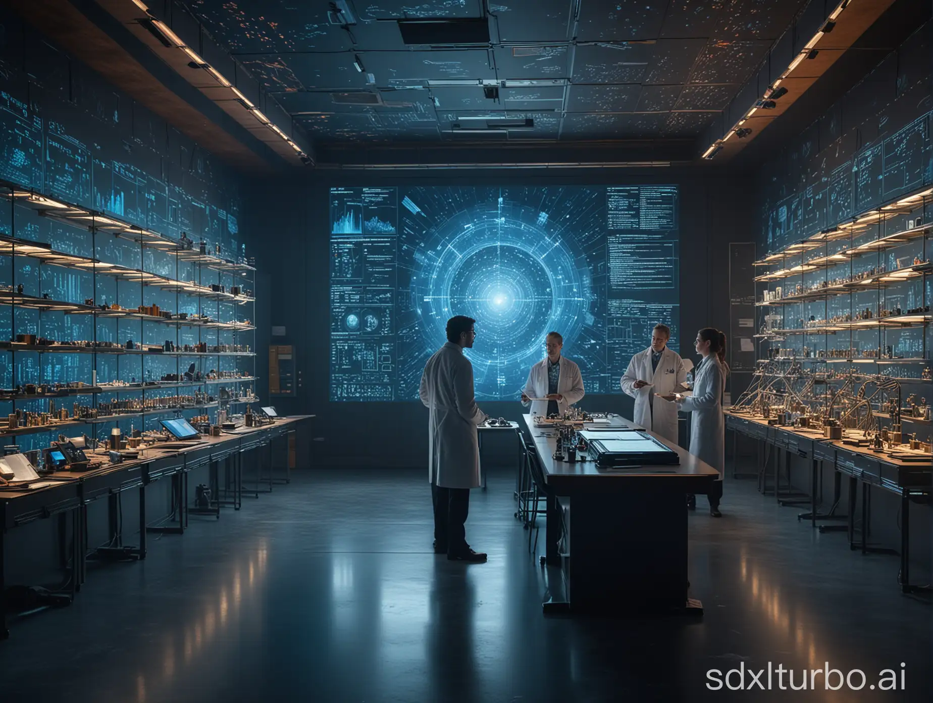 In a futuristic laboratory filled with advanced scientific equipment, a group of physicists is gathered around a large holographic display. The display shows a complex, three-dimensional representation of the Ozma problem, with intricate equations and diagrams floating in mid-air. The room is bathed in a soft, blue light, and the walls are lined with shelves of scientific texts and instruments. The physicists, dressed in sleek, modern lab coats, are deep in discussion, their faces illuminated by the glow of the holograms. Outside the laboratory's large windows, a breathtaking view of a distant galaxy can be seen, adding to the sense of wonder and discovery. The scene captures the essence of the Ozma problem as one of the quintessential challenges in physics, highlighting the blend of human ingenuity and the vast mysteries of the universe. HDR,UHD,8K,best quality,absurdres,masterpiece,Highly detailed,ultra-fine painting,physically-based rendering,extreme detail description,Professional,Vivid Colors,cinematic,cinematic_lighting