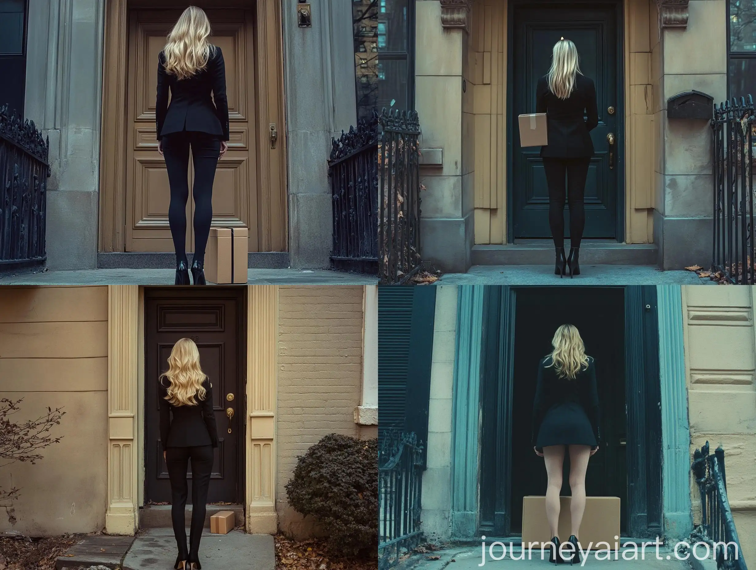 Elle-Fanning-in-Black-Suit-and-Heels-with-CubeShaped-Package-in-NYC