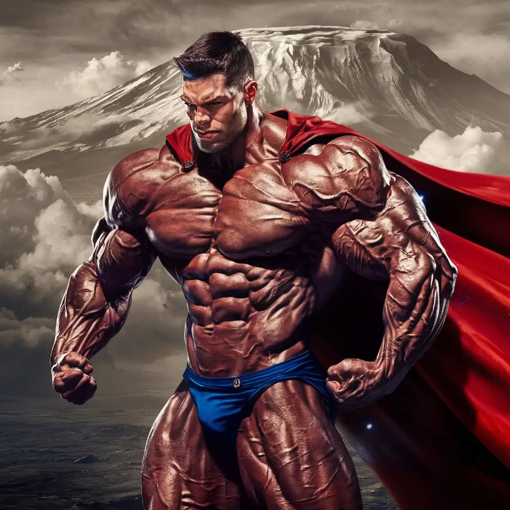 Powerfully muscled, hugely ripped, pumped, bodybuilder musclegod reverently receives the powers of Kilimanjaro, becomes a mighty superhero. 24 years old. Photorealistic.