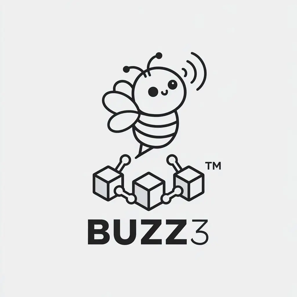 a vector logo design,with the text "Buzz3", main symbol:A cute and simple hand-drawn little bee, flying and making a buzzing sound as if sending out signal waves from the top right of your head. Also symbolizing effective marketing that brings popularity and causes a stirring of voices. Below it are three small cubes linked by chain chains, symbolizing blockchain technology. The bee's proportion does not need to be too large. Try to make the lines simpler. Overall, with a business style and adding some solemnity.,Minimalistic,be used in Internet industry,clear background