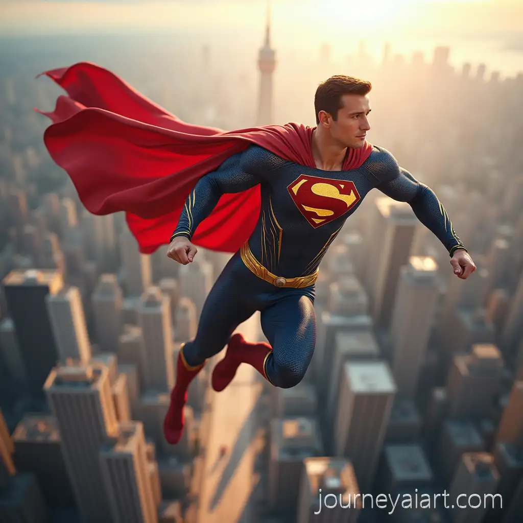 Superhero-Soaring-Above-a-CitySuperhero-flying-through-city-in-a-Gold-Red-and-Blue-Costume